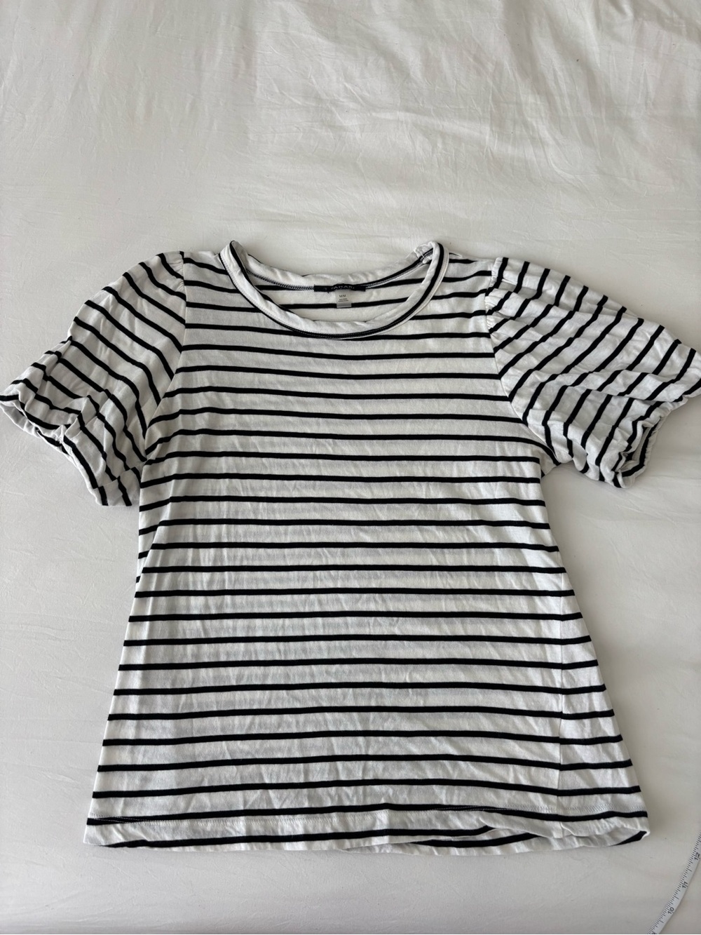 Tahari White & Black Striped Puff Sleeve Cotton Top Size Medium